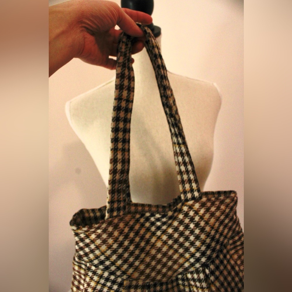 Francois Beauregard Brown Black Houndstooth Tote Handbag Boho Designer Small - Picture 3 of 16